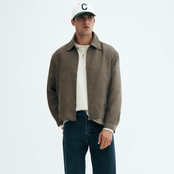 H&M Patterned Blouson Jacket Men’s Small Beige Brown Houndstooth Zip Up - Picture 1 of 14